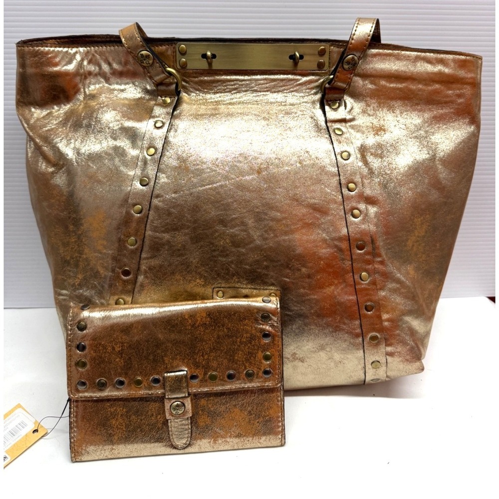 NWT Patricia Nash Benvenuto Large Tote Leather CHAMPAGNE FOIL W/ WALLET NWTS